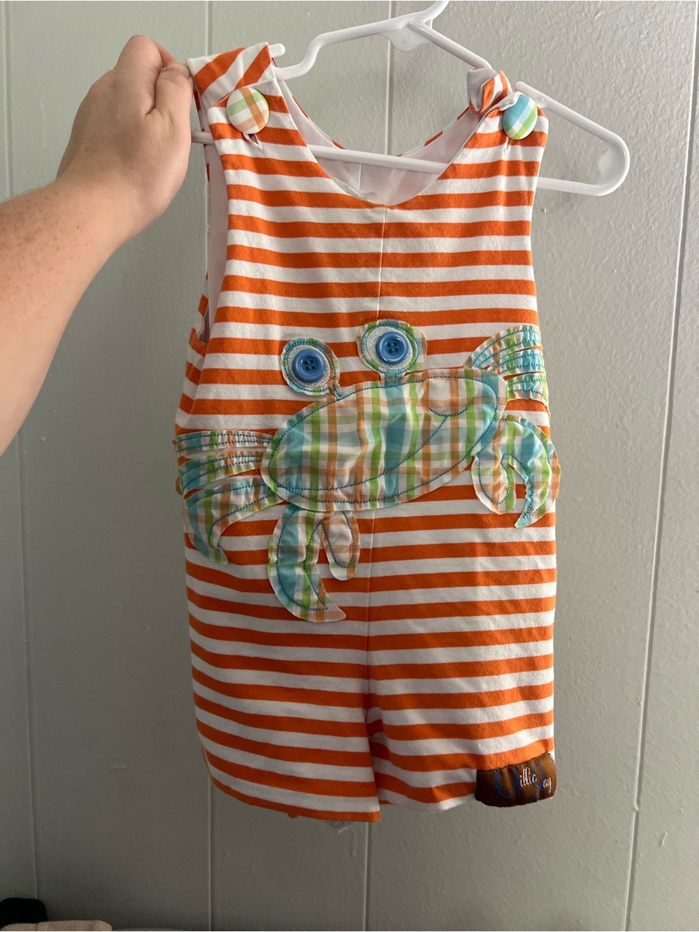 Orange & White Striped Crab Applique Shortalls